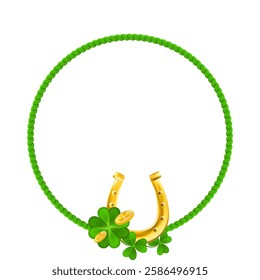 St. Patrick wreath with horseshoe. Shamrocks and Gold Coins frame. Festive green border with golden money, clover leaves. Vector illustration.