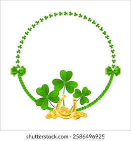 St. Patrick wreath with horseshoe. Shamrocks and Gold Coins frame. Festive green border with golden money, clover leaves. Vector illustration.