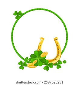 St. Patrick wreath with horseshoe. Shamrocks and Gold Coins frame. Festive green border with golden money, clover leaves. Vector illustration.