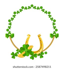 St. Patrick wreath with horseshoe. Shamrocks and Gold Coins frame. Festive green border with golden money, clover leaves. Vector illustration.