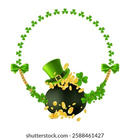 St. Patrick wreath with Leprechaun Top Hat. Shamrocks and Gold Coins frame. Festive green border with golden money, clover leaves and horseshoe. Vector illustration.