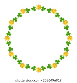 St. Patrick wreath with shamrocks and Gold Coins. Traditional frame with decor. Festive green border with golden money, clover leaves and horseshoe. Vector illustration.