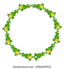 St. Patrick wreath with shamrocks and Gold Coins. Traditional frame with decor. Festive green border with golden money, clover leaves and horseshoe. Vector illustration.