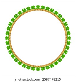 St. Patrick wreath with shamrocks and Gold Coins. Traditional frame with decor. Festive green border with golden money, clover leaves and horseshoe. Vector illustration.