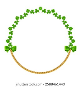 St. Patrick wreath with shamrocks and Gold Coins. Traditional frame with decor. Festive green border with golden money, clover leaves and horseshoe. Vector illustration.