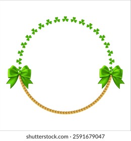 St. Patrick wreath with shamrocks and Gold Coins. Traditional frame with decor. Festive green border with golden money, clover leaves and horseshoe. Vector illustration.