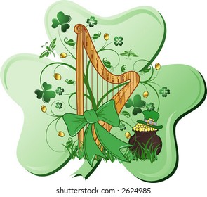 St. Patrick's abstract design with harp, clover, hat and cauldron