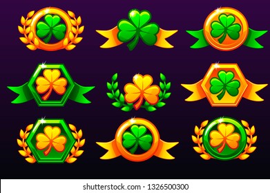 St Patrick's Awards. Laurel wreath of victory and clove for mobile game, ui, banner, app, interface, slots, game development. Vector icons on a separate layer