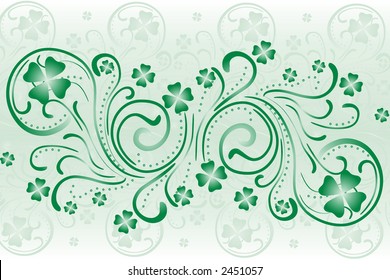 St. Patrick's background of four leaf clovers and swirls in green and white