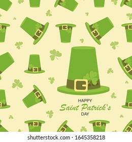 St. Patrick's background. Leprechaun hat and shamrock clover. Seamless pattern on a yellow background. Vector illustration with a greeting.