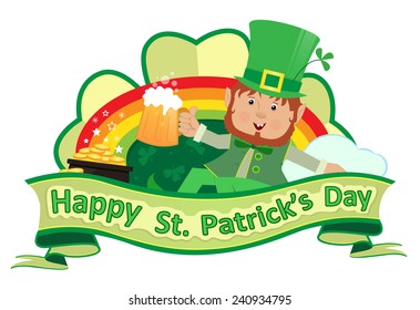 St. Patrick's Banner - Festive Saint PatrickÃ¢Â?Â?s Day banner of a cute leprechaun with beer and a rainbow with a pot of gold. Eps10