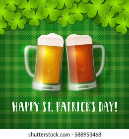 St. Patrick's beer mugs on a shamrock checkered background. Vector greeting card with hand drawn lettering, clover leaves and toasting beers. 