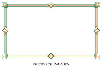 st. patricks leerer Rahmen, Bannerrahmen oder Weihnachtspostkartenvorlage, grüne orangefarbene Verzierung auf weißem Hintergrund