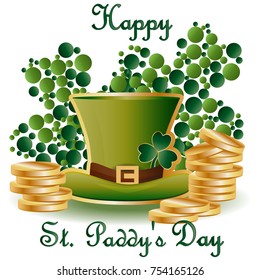 St. Patrick's card with two green leaf clover consisting of circles, a green hat and piles of gold coins, inscription - Happy St. Paddys Day