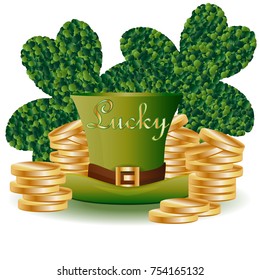 St. Patrick's card with two green leaf clover consisting of circles, a green hat and piles of gold coins