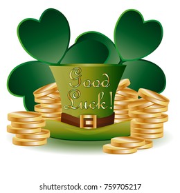 St. Patrick's card with two green leaf, a green hat and piles of gold coins, inscription Good luck!