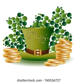 St. Patrick's card with two green leaf clover consisting of circles, a green hat and piles of gold coins, inscription - Happy St. Paddys Day