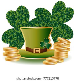 St. Patrick's card with two green leaf clover consisting of circles, a green hat and piles of gold coins