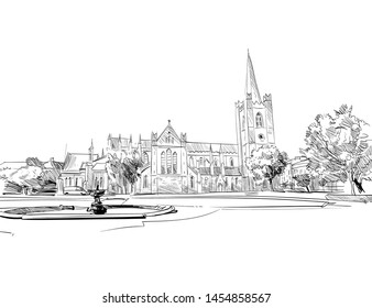 St. Patrick's Cathedral. Anglican Church of Ireland. Dublin, Ireland. Urban sketch. Hand drawn vector illustration. 