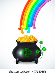 St. Patrick`s cauldron, coins, shamrock and rainbow - vector illustration