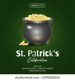 St Patricks celebration invitation card with cauldron, golden coins. Vector illustration on green background. Poster, flyer, banner concept