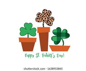 St Patrick's Clover Flowers Design. Shamrocks (green, leopard, checkered) in flower pots. Holiday vector card.