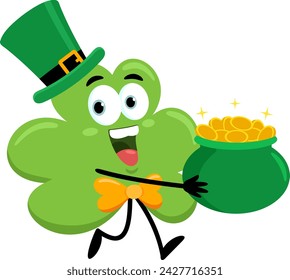 St. Patrick's Clover Leaf Cartoon Character Running With Pot Full Of Gold Coins. Vector Illustration Flat Design Isolated On Transparent Background