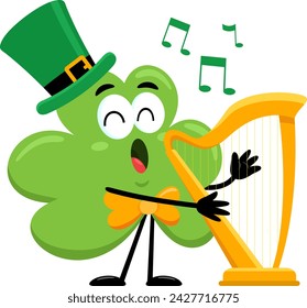 St. Patrick's Clover Leaf Cartoon Character Sing A Song With Harp. Vector Illustration Flat Design Isolated On Transparent Background