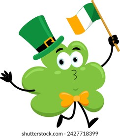 St. Patrick's Clover Leaf Cartoon Character Running With Flag Of Ireland. Vector Illustration Flat Design Isolated On Transparent Background