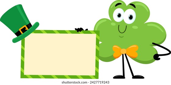 St. Patrick's Clover Leaf Cartoon Character Holding A Blank Sign. Vector Illustration Flat Design Isolated On Transparent Background