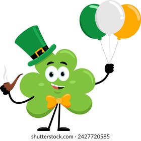 St. Patrick's Clover Leaf Cartoon Character Holding Pipe And Balloons Helium In Ireland Flag. Vector Illustration Flat Design Isolated On Transparent Background