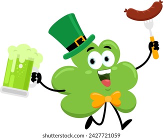 St. Patrick's Clover Leaf Cartoon Character Running With Mug Of Beer And Fork With Sausage. Vector Illustration Flat Design Isolated On Transparent Background