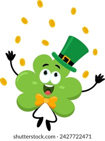 St. Patrick's Clover Leaf Cartoon Character Jumping Under A Rain Of Golden Coins Vector Illustration Flat Design Isolated On Transparent Background
