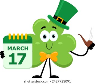 St. Patrick's Clover Leaf Cartoon Character Holding Calendar And Pipe. Vector Illustration Flat Design Isolated On Transparent Background