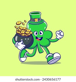 St. Patrick's Clover Leaf Cartoon Running With a Pot of Gold Coins