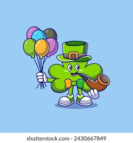 St. Patrick's Clover Leaf Cartoon Character Holding Pipe And Balloons