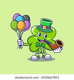 St. Patrick's Clover Leaf Cartoon Character Holding Pipe And Balloons