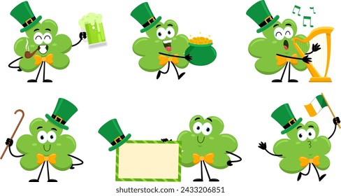 St. Patrick's Clover Leaf Cartoon Character. Vector Flat Design Collection Set Isolated On Transparent Background  