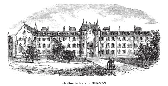 St Patrick's College or Maynooth College or Royal College of St. Patrick Maynooth, Ireland, 1890, vintage engraving. Old illustration of St Patrick's College.  Trousset encyclopedia (1886 - 1891)