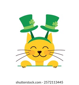 st patrick's costume, cute ginger cat with leprechaun top hat headband on, Saint Patrick's day vector illustration for kids