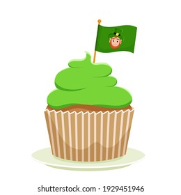St. Patrick's Cupcake, a flat cartoon dessert vector illustration isolated on a white background. Happy St. Patrick's Day.