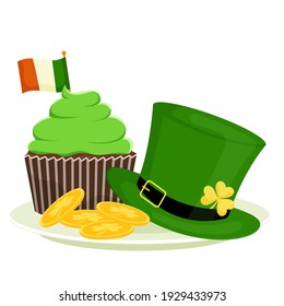 St. Patrick's cupcake, leprechaun hat, gold coins and gold. Flat cartoon vector illustration isolated on a white background.