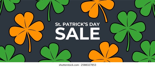 St. Patrick's Date Sale commercial banner for Patricks Day discount shopping advertising. Green and orange lucky clovers. Vector illustration.