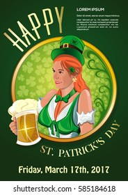 St. Patrick's Day 2017. Invitation to the green party. Beautiful Irish girl with a beer glass in hand. Cute red-haired girl in a leprechaun hat. Vector illustration