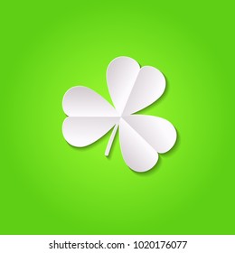St. Patrick's Day abstract background with shamrock leaf. Paper cut clover leaf. Trendy cutout 3d decoration with shadow. Laser cutting  design element. Irish symbol icon. Vector illustration