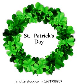 
St. Patrick's Day, abstract background with clover leaves or trefoil. Frame. Postcard, poster design. EPS 10 vector illustration.