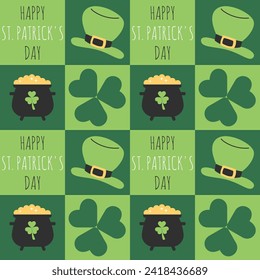 St. Patrick's Day abstract geometric seamless pattern. Modern pattern with minimalist icons. Mosaic vector background. Trendy design for banner, card, cover, poster, advertising, wallpaper, packaging