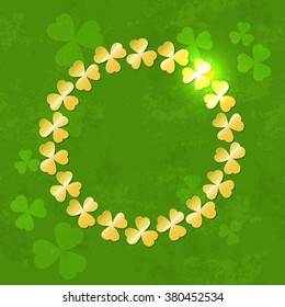 St. Patrick's Day abstract green Background. Round golden frame of shamrock leaves. EPS 10