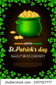 St. Patrick's day advertising print banner. Template for poster, card, desktop design. Printable composition with holiday attributes.