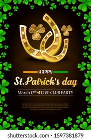 St. Patrick's day advertising print banner. Template for poster, card, desktop design. Printable composition with holiday attributes.
